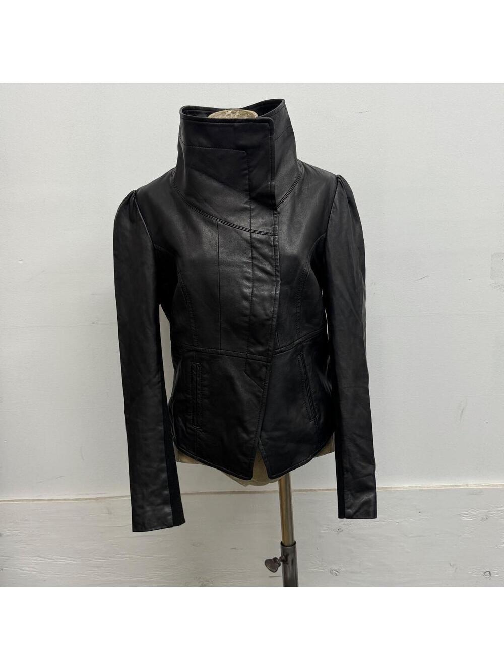Vintage Black Funnel Neck Asymmetric Avant Garde Leather Jacket